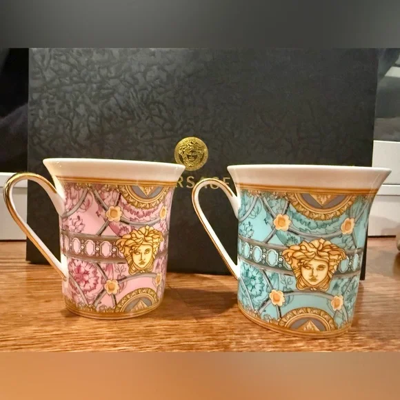 RARE Versace Rosenthal Collab Gold Trim Pink & Blue Mug Set New in Box - Picture 2 of 15